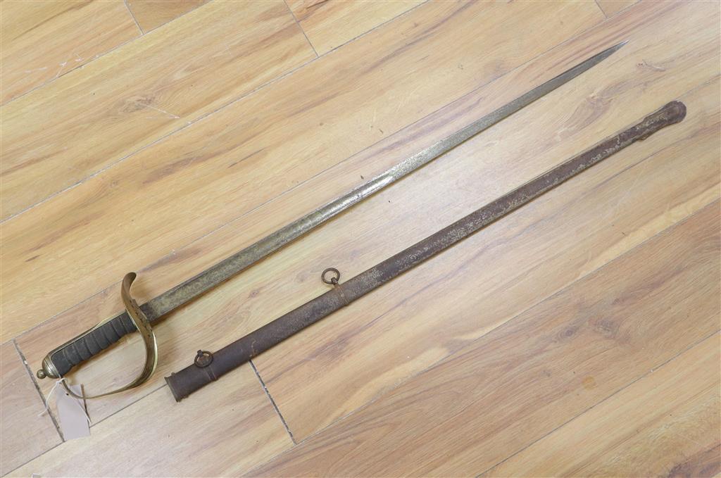 A George V Infantry officers sword, 1895 pattern, makers S J Kitchin, Sheffield, with steel scabbard, 82cm straight single-etched blad